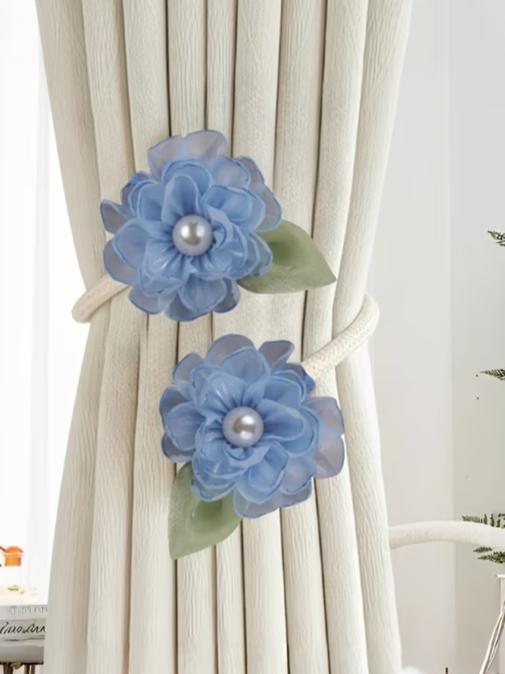 Blue Floral Curtain Tiebacks with Pearl Center